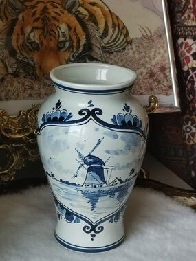 Hand-Painted Blue and White Ceramic Windmill & Floral Vase